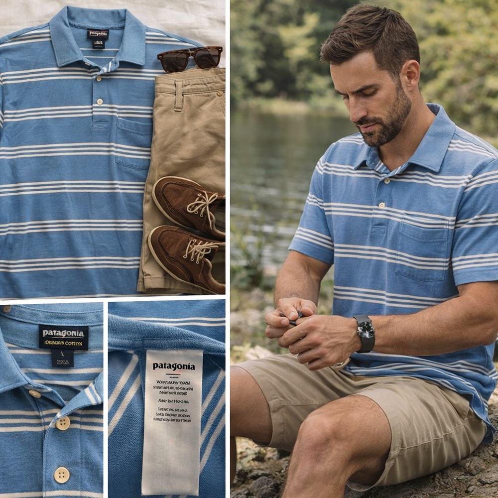 Patagonia Organic Cotton Striped Polo Shirt Men’s Large Blue White EUC